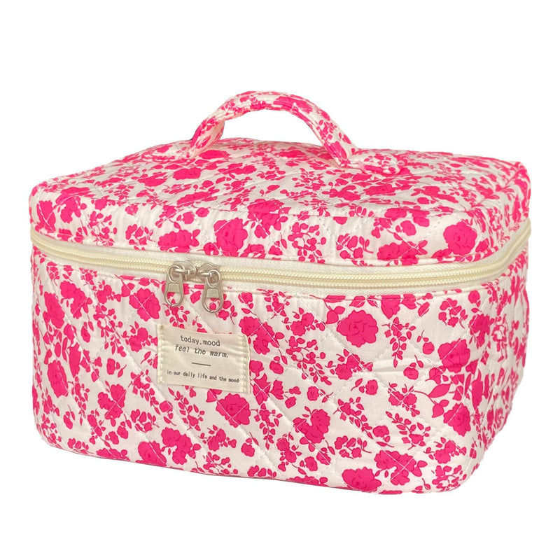WYJ Rose Red Large Quilted Floral Makeup Bag Cute Soft Coquette Aesthetic Cosmetic Bag Cotton Travel Toiletry Bag for Women
