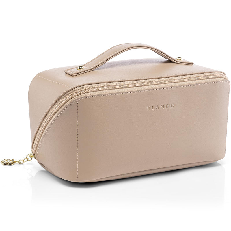 VLANDO Makeup Bag,Travel Toiletry Bag,Cosmetic Bag for Women PU Leather Portable Make up Bag for Skincare, Brushes & Travel Essentials-Toffee