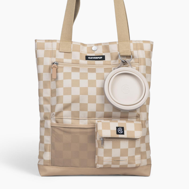 Cleverpup Park Pack 2-Piece Set Dog Gear Tote – Dog Travel Bag with 8 Pockets, Treat Pouch, Poop Bag Dispenser, Quick-Dry Ball Pocket, Collapsible Bowl, Perfect for Walks & Park Trips, Checkerboard