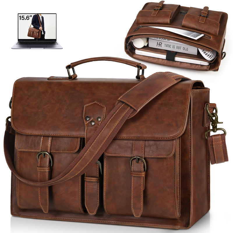 RAINSMORE Messenger Bag for Men 15.6 Inch Leather Vintage Laptop Briefcase Large Laptop Bag Waterproof Satchel Bag Computer Shoulder Bag for Office Work Travel College, Brown