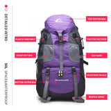 Bseash 50L Hiking Backpack, Water Resistant Lightweight Outdoor Sport Daypack Travel Bag for Camping Climbing Skiing Cycling (Purple - No Shoe Compartment)