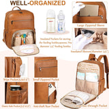 VASCHY Diaper Bag Backpack for Mum Dad, Unisex Large Waterproof Vegan Leather Baby Bag with Changing Pad,Insulated Pockets,Padded Laptop Sleeve for Travel,Brown