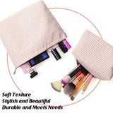 Huhumy 2 Pcs Makeup Bag Set Cute Cosmetic Pouch for Women Seersucker Travel Toiletry Bag Preppy Small Makeup Purse Pouch Aesthetic Skincare Brushes Storage Organizer for Valentine Women(Khaki)