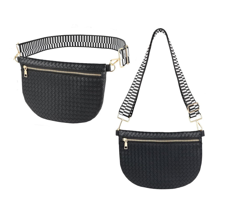 Eliaukly Woven Belt Bag for Women - Black Leather Crossbody Fanny Pack with Adjustable Strap,Fashion Bum Bag Sling Purse,Versatile Waist Pack for Daily & Travel(B-Black)