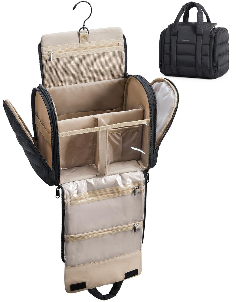 BAGSMART Travel Toiletry Bag with Removable Partition, Puffy Water-resistant Fabric Hanging Organizer for Full-Size Toiletries, Accessories, Black