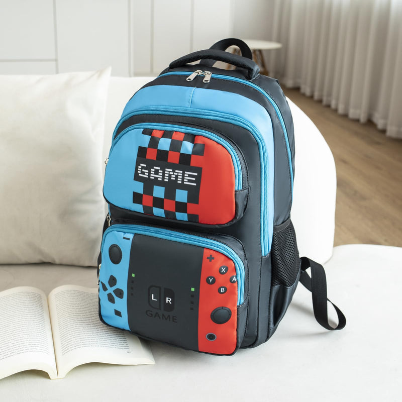 JIANYA Kids Backpack for School, Boys Gamer School Bag Travel Backpack for Elementary Kids Children, Red&Blue