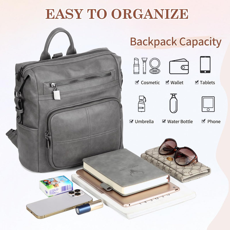 VASCHY Backpack Purse for Women,Fashion Convertible Vegan Leather Shoulder Bags Handbags for Work/Travel/Ladies/College Gray