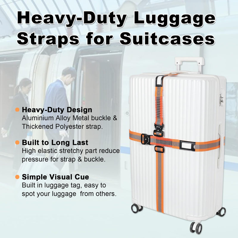 Vigorport Luggage Straps for Suitcases 2 Pack, Heavy Duty Metal Buckle Luggage Belt Strap, TSA Approved Suitcase Belt, Stretchable Travel Strap for Luggage (Orange, 72''L & 79''L)