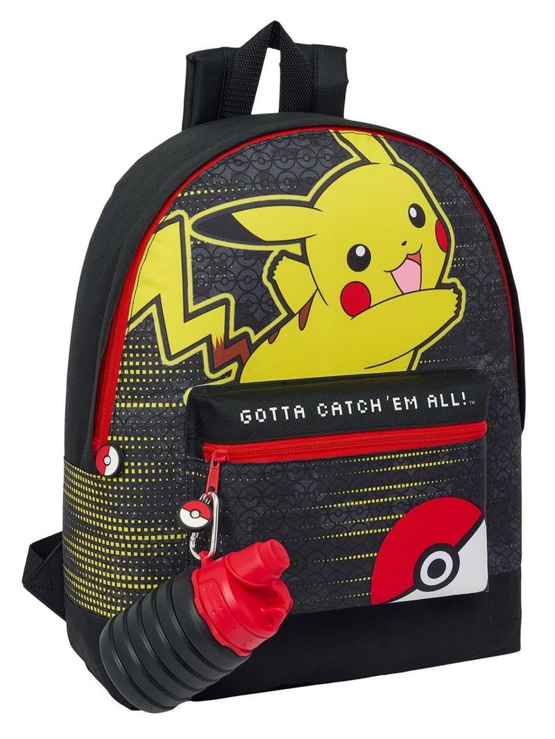 Pokémon Pikachu Catch 'Em All Roxy Backpack with Collapsible Water Bottle - Officially Licensed, 39x31x12cm, Durable Polyester, Adjustable Padded Straps, Hydration on the Go, For Trainers, Black, 39cm
