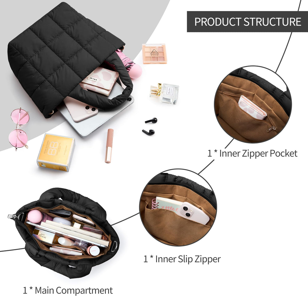KALIDI Quilted Tote Bag Small Puffer Crossbody Bag for Women Lightweight Nylon Puffy Shoulder Handbag with Adjustable Strap