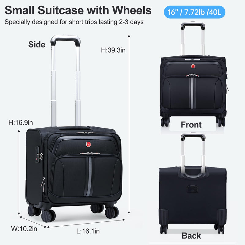 ROPLUS Underseat Carry-On Luggage Lightweight Rolling Tote Bag with 4 Spinner Wheels (Black, 16-Inch)