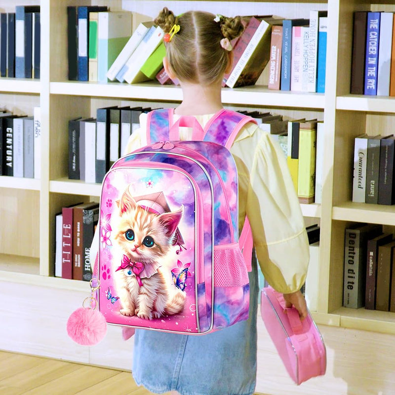 AGSDON 3PCS Backpacks for Girls, 16" Elementary Kids Cute Cat Backpack Preschool School Bookbags and Lunch Box