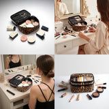 imerelez Double-layer Cosmetic Bag Makeup Bag Travel Makeup Bag Makeup Bags for Women Cosmetics Cases Portable Waterproof Foldable (Leopard)