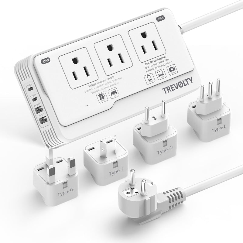TREVOLTY 2000W Voltage Converter US to Europe for Hair Dryer, 220V to 110V Converter for European Travel with 3 AC 2 USBC 2 USBA Ports, European Travel Plug Adapter with Type C/G/I/L Plug (White)