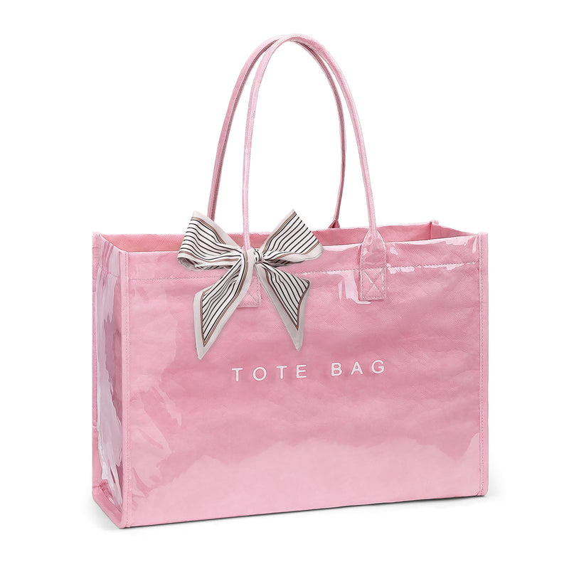 Lushandy PVC Tote Bag for Women, Large Plastic Tote Purse Work Kraft Paper Letter Print Shoulder Bag Carry All Hobo Handbag