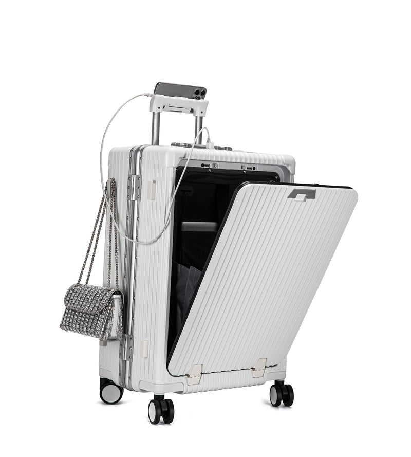 feilario Aluminium Frame PC Hard Shell Spinner Wheels Luggage,20.8"X15"X8.7 Airline Approved Built-In TSA lock Carry on Suitcase, with Cup Holder, USB Port, Phone Holder