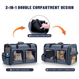 Groxkox Cat Carrier for 2 Cats, Foldable Double Cat and Dog Carrier, Small to Medium Size, 2 Front Zippered Compartments,Two Pets Carrier for Outdoor Travel,Mulitple Cat Carrier, Grey