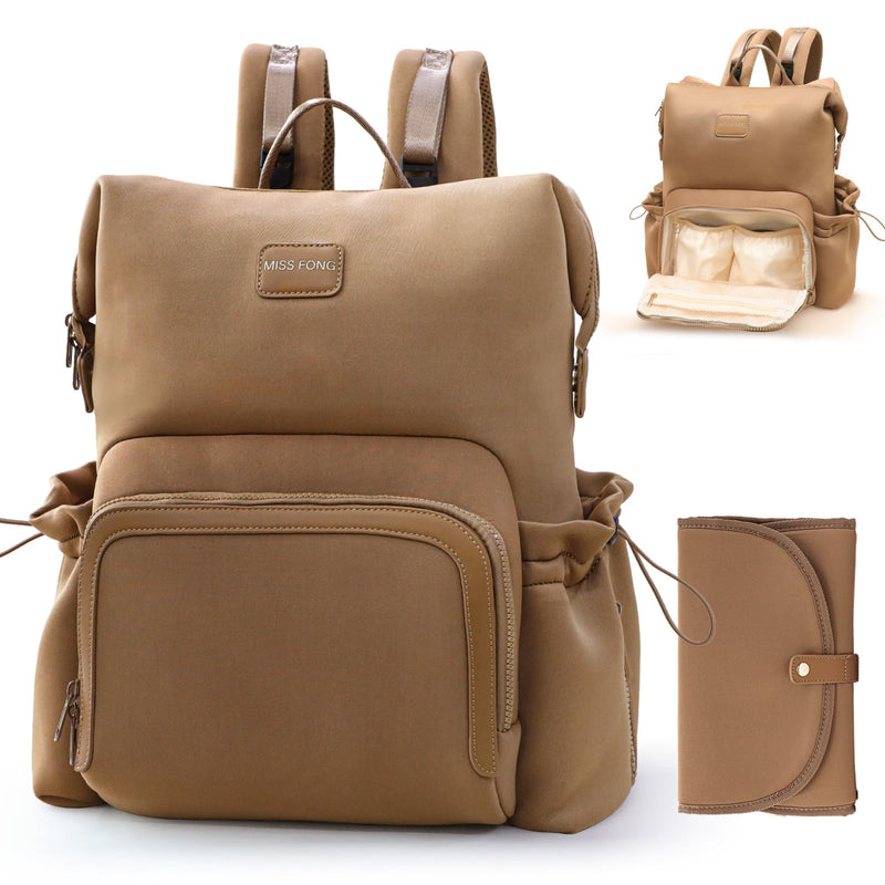 miss fong Diaper Bag Backpack - Baby Diaper Bag Neoprene Bag Large Capacity Neoprene Backpack with Diaper Changing Pad Pañaleras Para Bebe Baby Bag with 12 Pockets for Mom & Dad -Brown