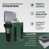 Quiksilver Zipperless Backpack Cooler 30L, Holds 36 Cans, 48 Hour Insulation, Leakproof & Waterproof Design, Heavy Duty TPU, IPX7, Padded Straps, Kangaroo Pockets, Bottle Opener (Trekking Green)