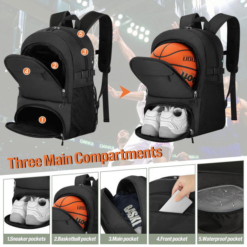 OCKLILY Basketball Backpack - Large Basketball Equipment Bag with Ball Holder & Shoe Compartment, Sport Bags for Basketball, Soccer, Volleyball, Gym, School and Travel, Black