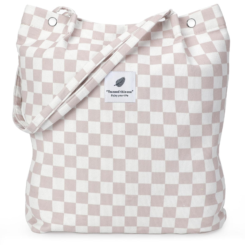 LHMTQVK Corduroy Tote Bags for Women, Large Capacity Corduroy Bag Reusable Grocery Shoulder Bag with Inner Pockets(Beige checkerboard)