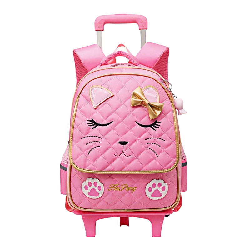 MITOWERMI Cute Rolling Backpack for Girls Trolley School Bags Cat-face Bowknot Girls Roller Backpacks with Wheels Kids Carry-on Travel Luggage Pink-2 Wheels