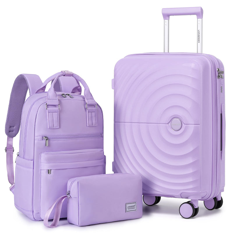 Carry On Luggage Set 22x14x9 Airline Approved, Expandable 20 Inch Carry-On Suitcases With Wheels, Lightweight Luggage Sets 3 Pieces With Backpack, Lavender
