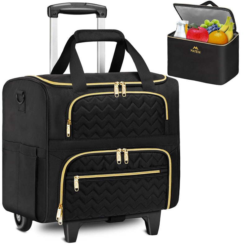 MATEIN Rolling Laptop Bag for Women, 15.6 Inch Rolling Briefcase with Wheels &Detachable Cart, Roller Computer Teacher Tote Bag with Insulated Lunch Box Gift for Nurse Work Business Office, Deep Black