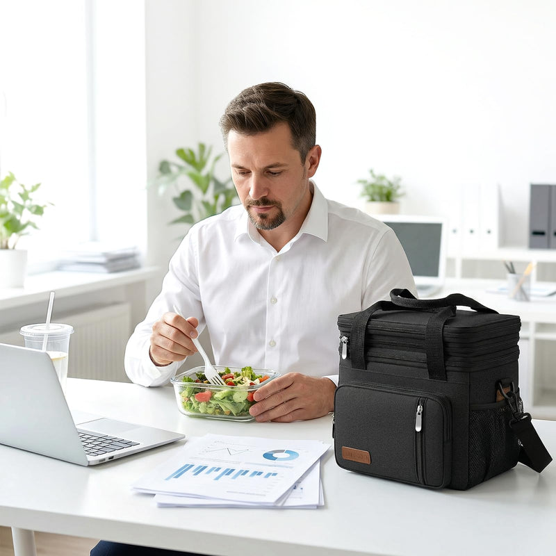 MIYCOO Lunch Bag & Lunch Box for Men Women, Double Deck Leakproof Insulated Soft Large Adult Camping Cooler bag for Work, Beach, Picnic, Travel (Black, 15L)