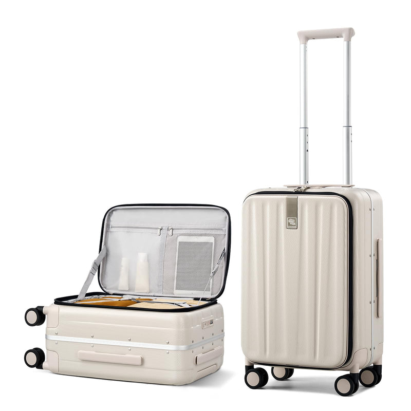 Hanke 20 Inch Carry On Luggage with Wheels PC Hard Shell Suitcase Top Opening Aluminum Frame Travel Luggage Suitcases for Woman Men Gifts.(Ivory White)