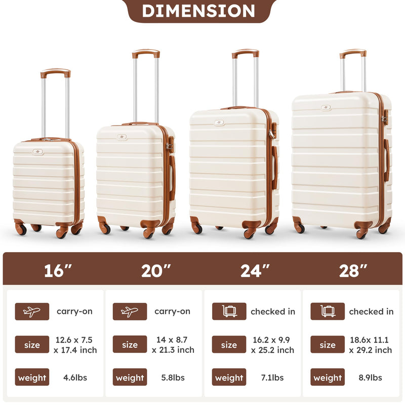 Suitour 4 Piece Luggage Sets, Hard Shell Suitcase Set with Spinner Wheels 16 20 24 28inch Travel Sets(Beige Tan)