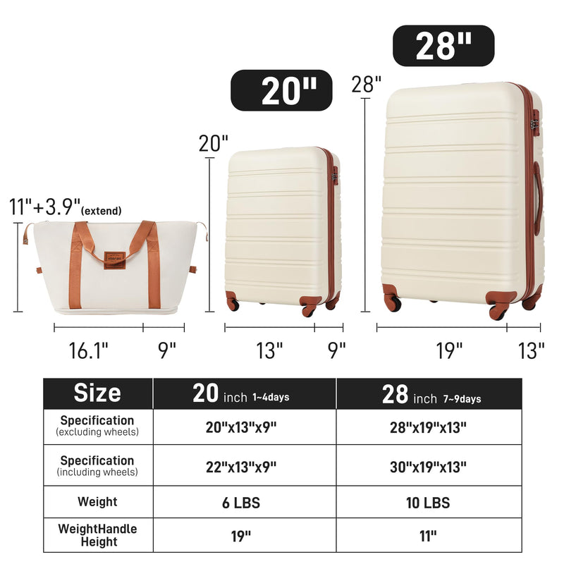 Merax Luggage Sets Carry on Suitcase Airline Approved,Hard Case Expandable Spinner Wheels, White and Brown, 3-Piece Set(20+28IN+Bag)