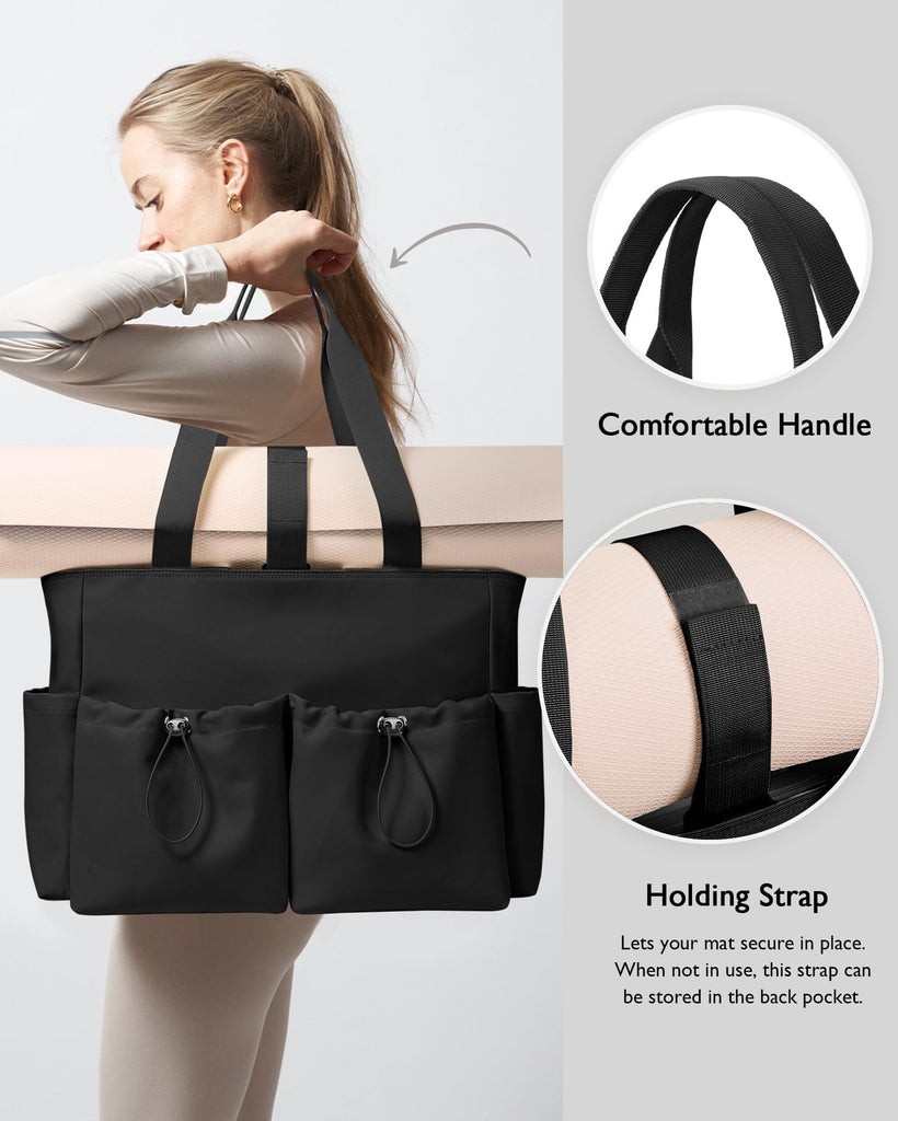 KALIDI Yoga Tote Bag for Women with Zipper Large Shoulder Bag Handbag with Pockets for Travel Vacation Work Gym Workout, Black