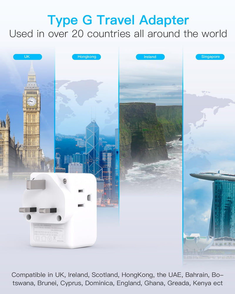 2 Pack US to UK Ireland Travel Plug Adapter, Type G Power Plug Adapter with 3 Outlets 3 USB Ports(2 USB C), European Travel Plug Adapter for USA to England London Scotland British Qatar Irish HongKong
