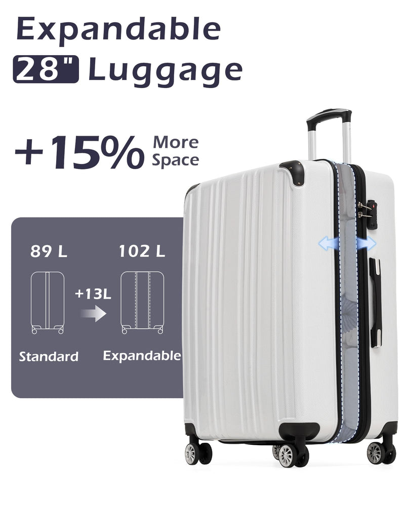 Coolife Luggage, Suitcase with Durable and Lightweight, Large Checked Luggage with PC+ABS Hardshell Expandable, Dual Spinner Wheels, TSA Lock, and YKK Zipper (white grid new, L(28in))