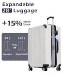 Coolife Luggage, Suitcase with Durable and Lightweight, Large Checked Luggage with PC+ABS Hardshell Expandable, Dual Spinner Wheels, TSA Lock, and YKK Zipper (white grid new, L(28in))