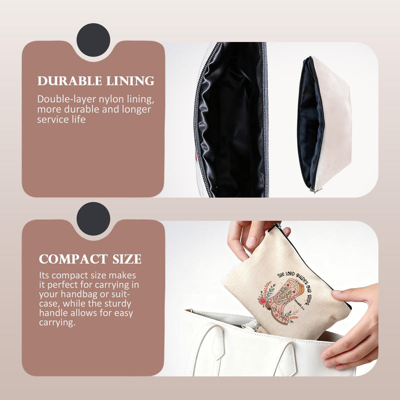 BILLAION Christian Western Cowgirl Makeup Bag, Proverbs 16:9 Bible Verse Cosmetic Bags, Western Gifts for Women, Floral Cowgirl Boots Scripture Makeup Zipper Pouch