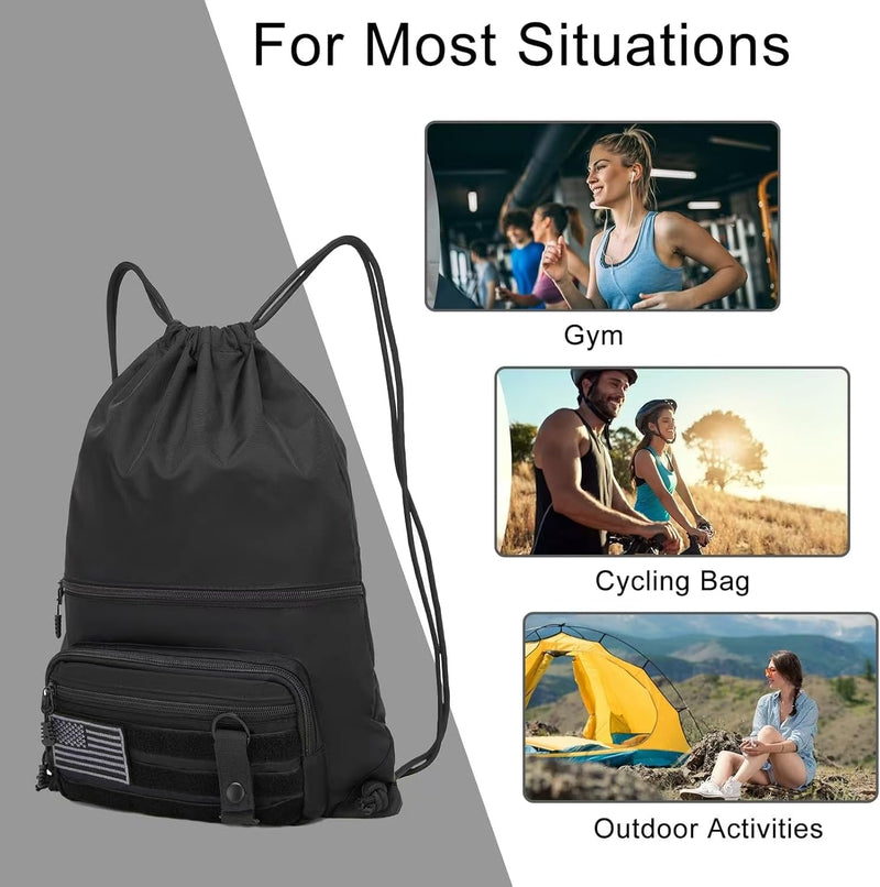 seyfocnia Drawstring Backpack Tactical String Bag with Zipper Pockets Waterproof Cinch Bag Sport Gym Sackpack - Black