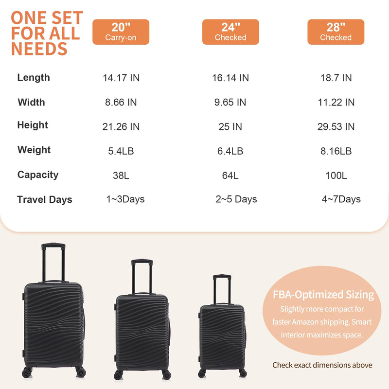 Rosamo Luggage Sets 3 Piece, ABS Suitcase Set (20/24/28), Hardside luggage with Spinner Wheels, Travel Luggage, 14x8x9 Airline Approved Carry on, Lightweight Luggage with High-Security Lock