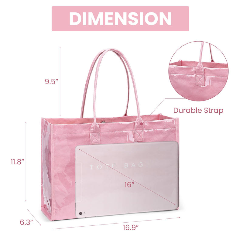 Lushandy PVC Tote Bag for Women, Large Plastic Tote Purse Work Kraft Paper Letter Print Shoulder Bag Carry All Hobo Handbag