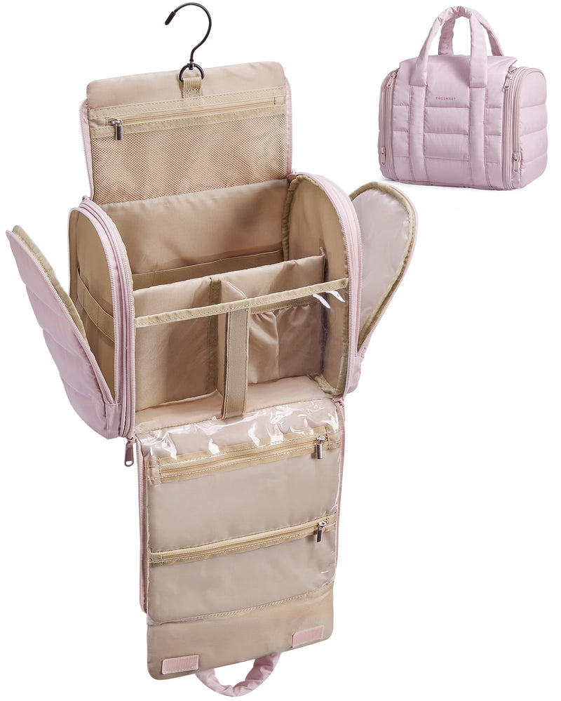 BAGSMART Hanging Toiletry Bag with Removable Partition, Puffy Water-resistant Fabric, Cosmetic Bag Makeup Bag for Full Sized Toiletries, Nude Pink