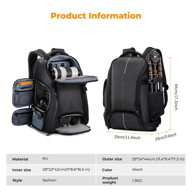 K&F CONCEPT Camera Backpack,25L Large Capacity Camera Bag for Photographers with Raincover and 15.6 Inch Laptop Compartment Compatible for Canon/Nikon/Sony/DJI Mavic Drone