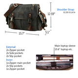 [Upgraded] Vintage Canvas Messenger Bag 13 15.6 17 inches Large Book Laptop Shoulder Bag Women Men New (Black, X-Large)
