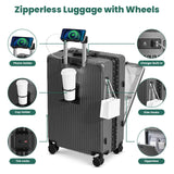 Faqy Z 20 Inch Aluminum Frame Carry On Luggage with Front Pocket, USB Port, Phone Holder & Cup Holder, Hard Shell Spinner Suitcase for Airplane Travel, Grey