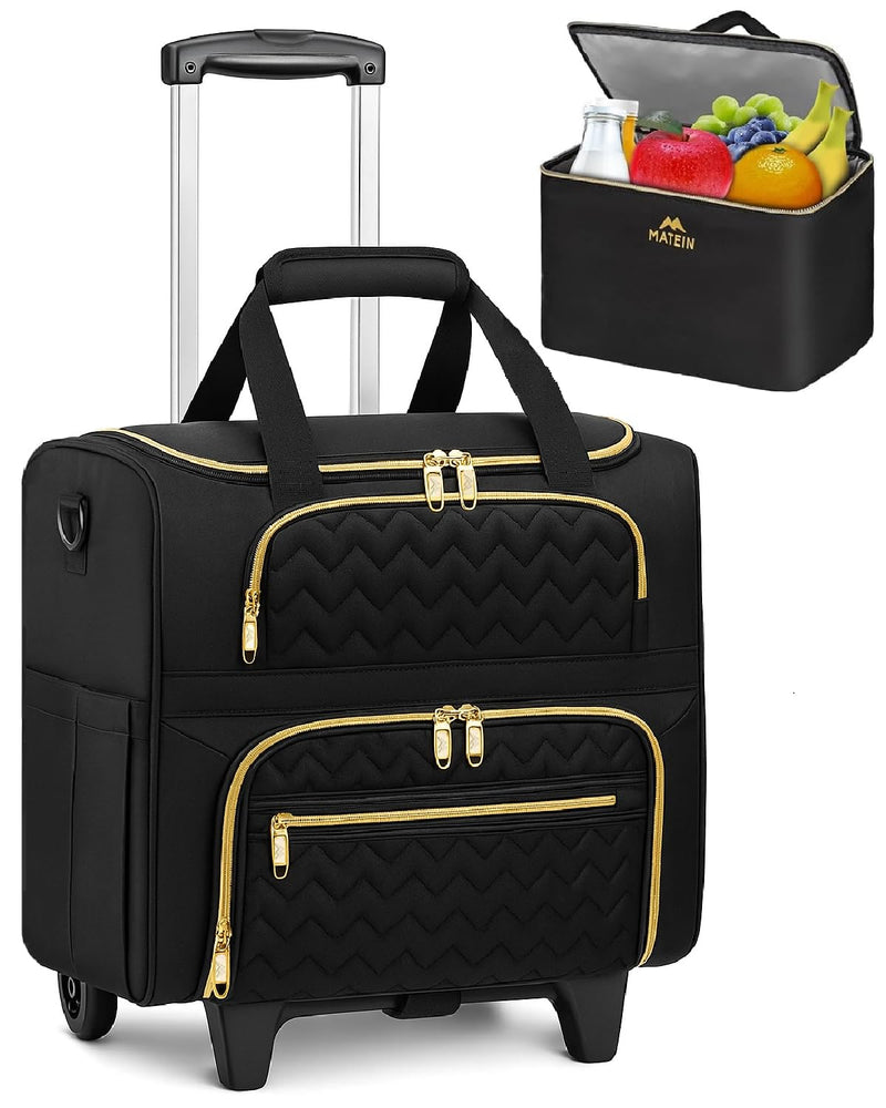 MATEIN Rolling Laptop Bag for Women, 15.6 Inch Rolling Briefcase with Wheels &Detachable Cart, Roller Computer Teacher Tote Bag with Insulated Lunch Box Gift for Nurse Work Business Office, Deep Black