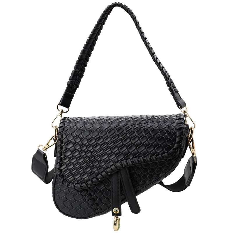 ERWUBA fashion women saddle shoulder bag clutch purse small crossbody satchel handbag woven imitation crocodile leather bag (Black)