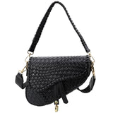 ERWUBA fashion women saddle shoulder bag clutch purse small crossbody satchel handbag woven imitation crocodile leather bag (Black)