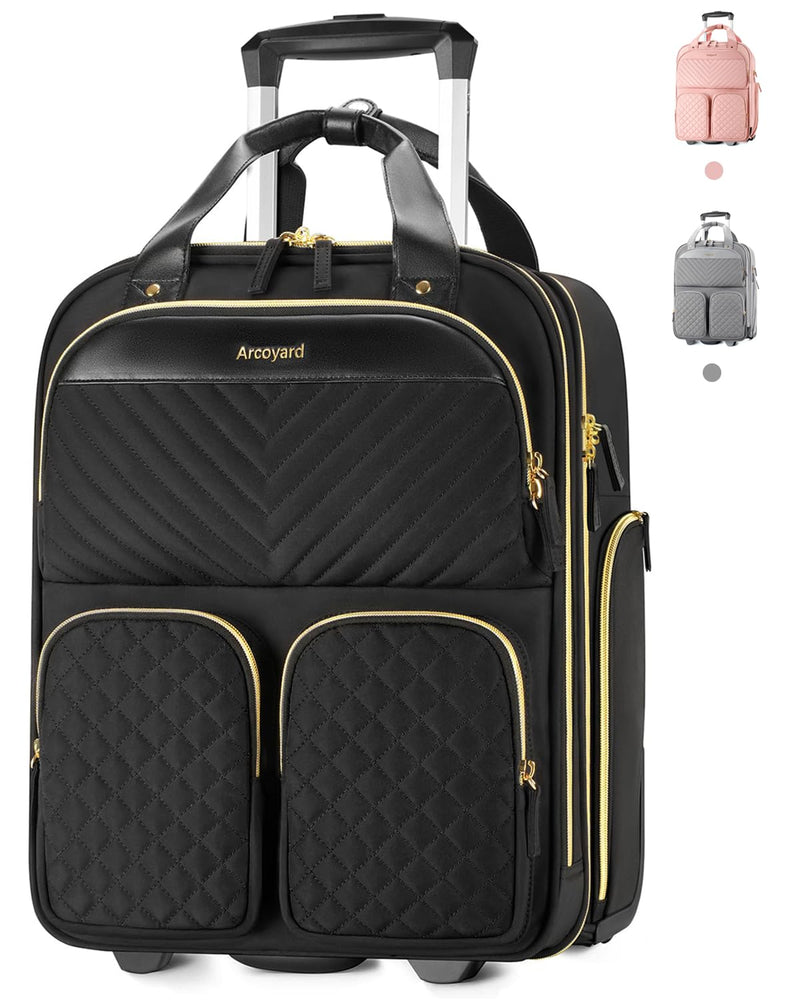 Arcoyard Underseat Carry On Luggage with Wheels, Multiple Compartments Airline Approved Personal Item Bag, Travel Carry-On with Leather Handle, Lightweight Rolling Suitcase for Women, Black Gold, L