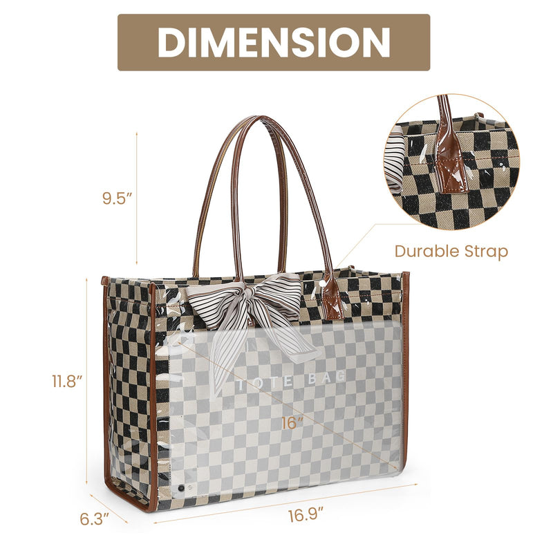 Lushandy PVC Tote Bag for Women, Large Plastic Tote Purse Work Kraft Paper Letter Print Shoulder Bag Carry All Hobo Handbag