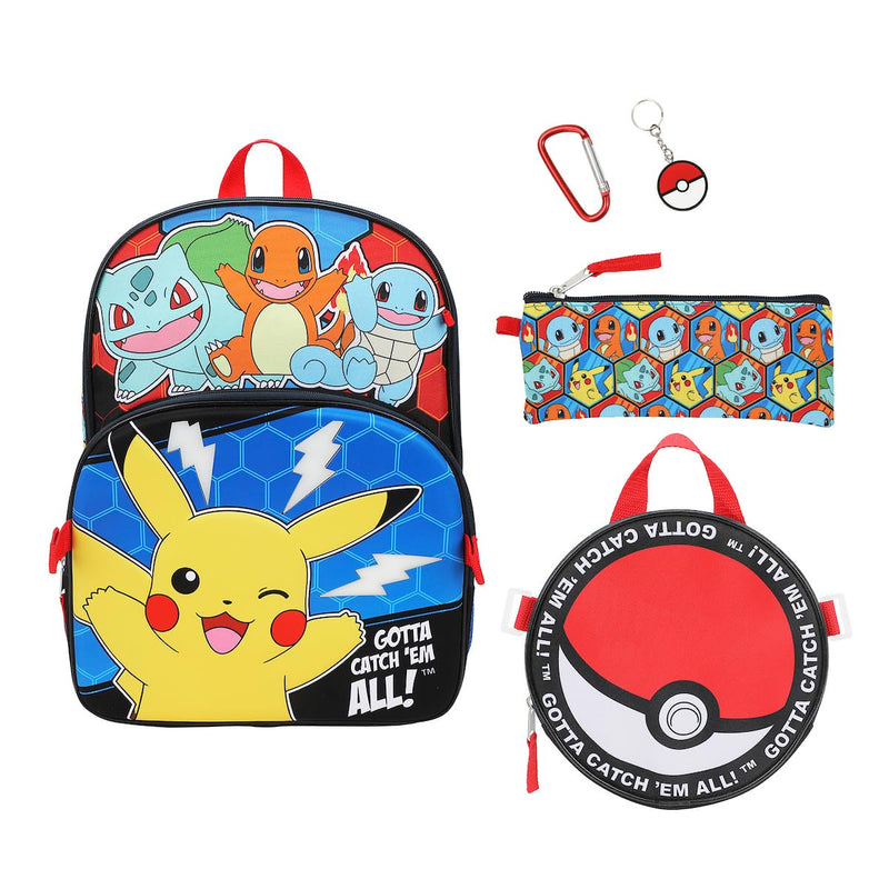 Bioworld Pokemon Poke Balls & Character Print 5-Piece 16" Backpack Set for Boys